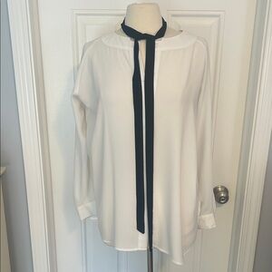 CAbi tuxedo blouse style #3421 White Long-Sleeve black removable Tie-Neck Blouse